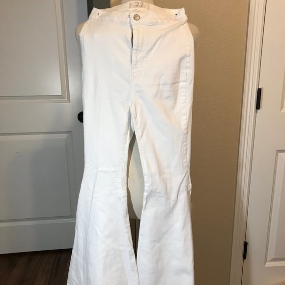 white bell bottom overalls